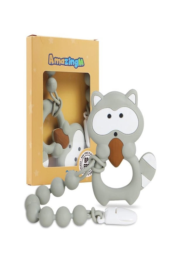 AmazingM Baby Food Grade Silicone Teether Toy with One Piece Design Pacifier Clip Holder,Teething Toys Gift Set for 3 Months+ Boys and Girls,Freezer Safe,BPA Free. (Gray Raccoon) - Image 1